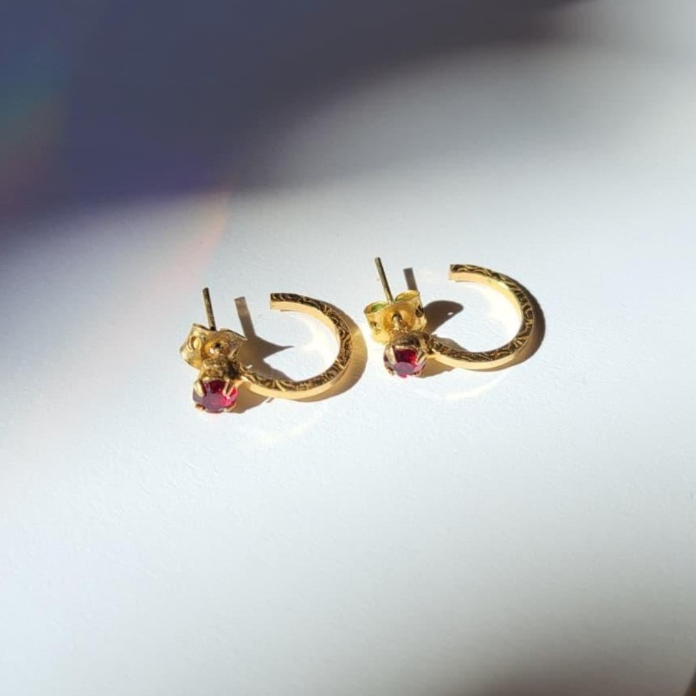 Red Gemstone Etched Gold Tone Small Hoop Earrings Women's Gold